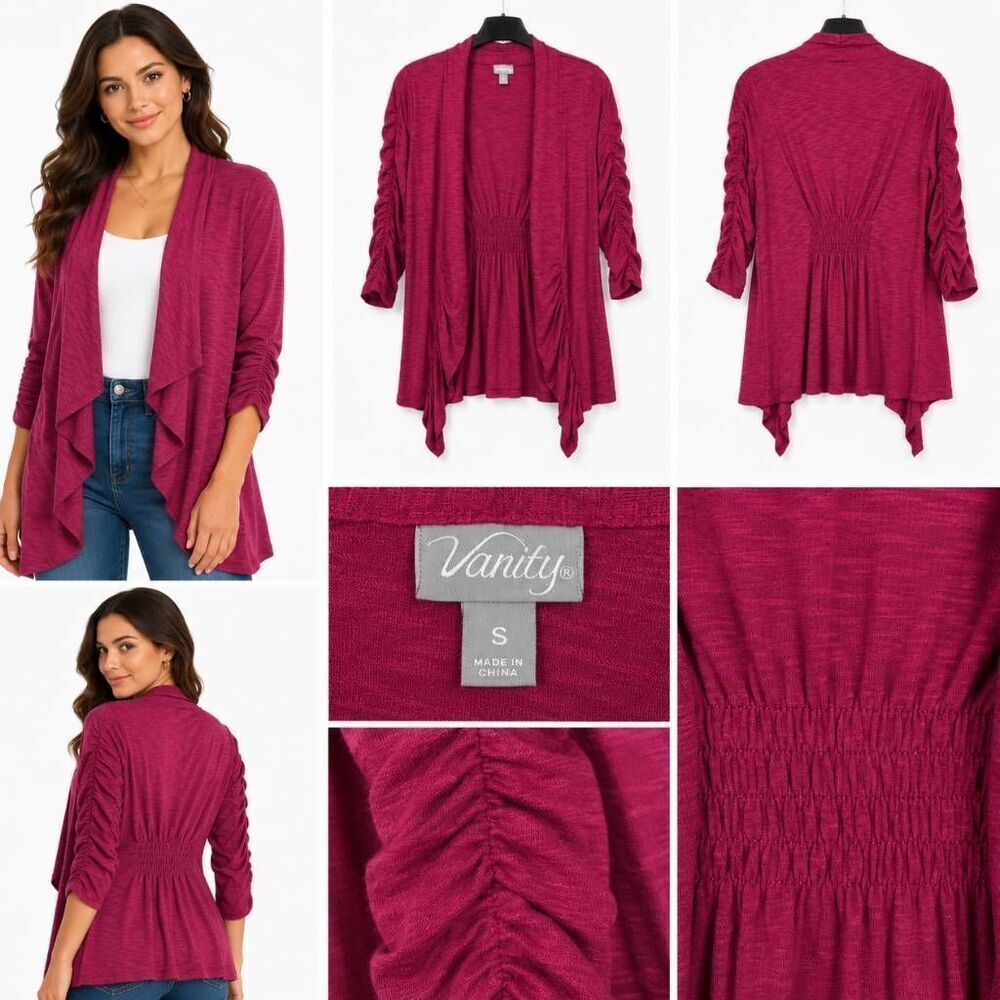 Vanity Ruched Sleeve Drape Cardigan Burgundy S